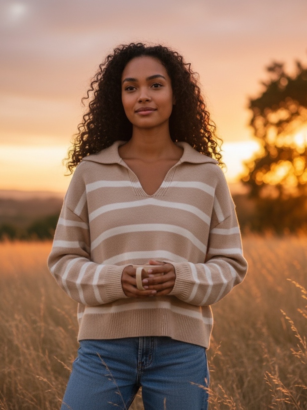 27 MILES MALIBU Striped V-Neck Collar Sweater Beige M